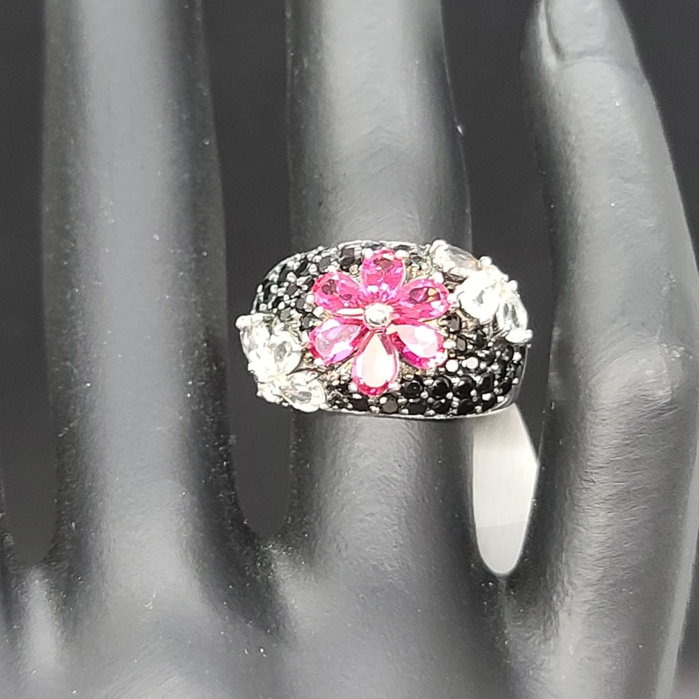 BBJ Vintage Black Spinel with pink and white topaz  approximately size 5.